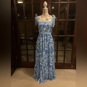 B. Smart Blue and White Ruffled Tiered Maxi Dress